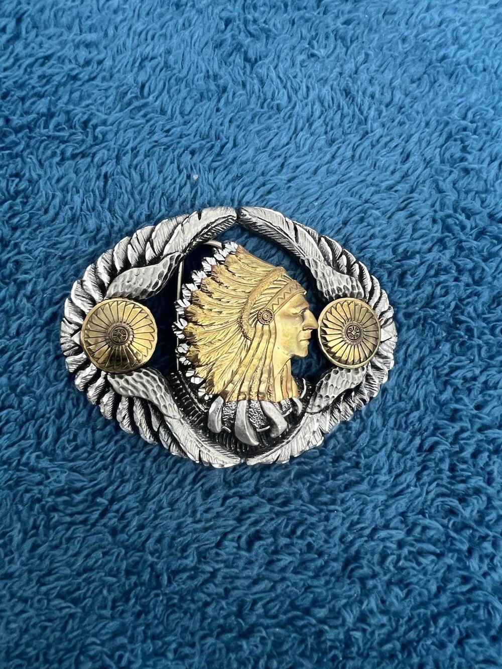 Vintage 1970s Two-Tone Native American Chief Belt Buckle – Gold & Silver Tone
